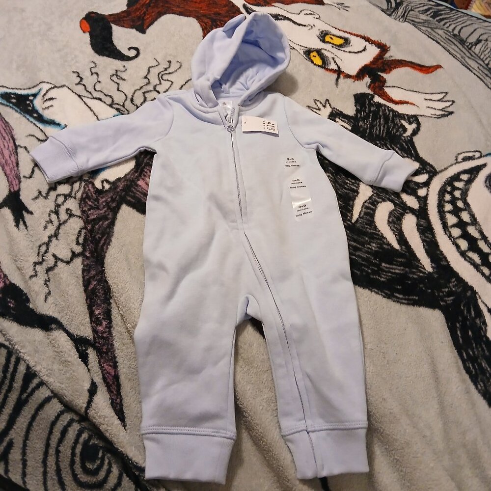 NWT Baby Gap 3 - 6 Month Blue Bear Long Sleeve Hooded Onesie Infant